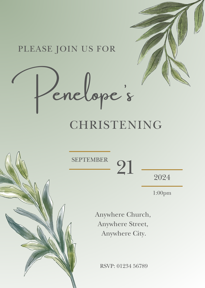 Watercolour Olive Branch Christening Invitaion
