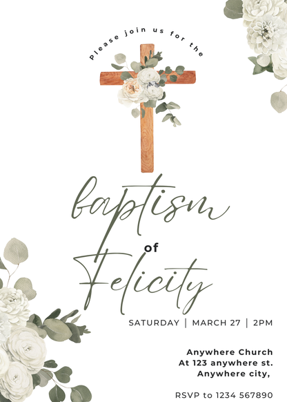 Floral Cross Baptism Invitation